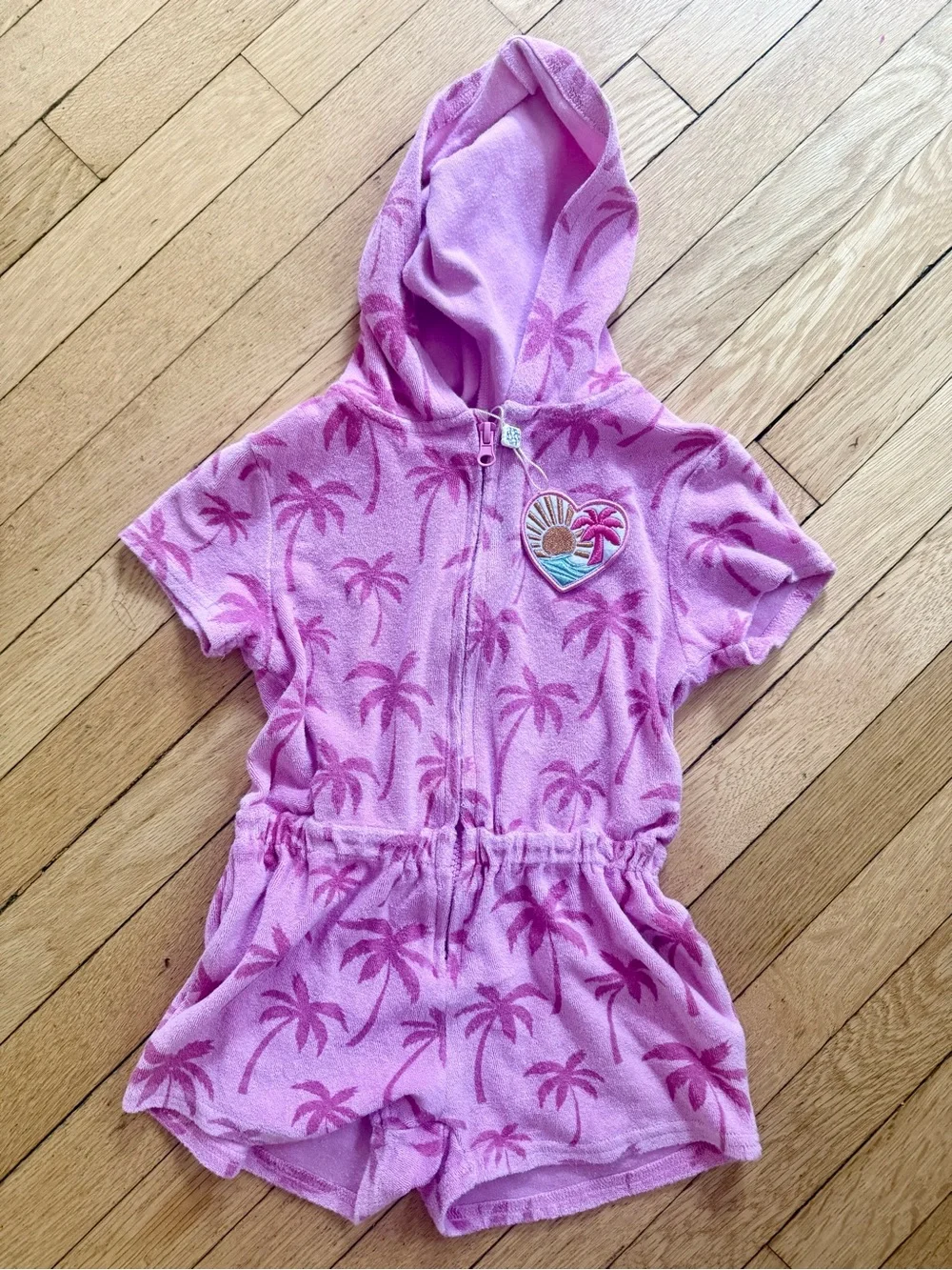Andy & Evan Pink Hooded Terrycloth Beach Coverup Romper Palm Trees NWOT
